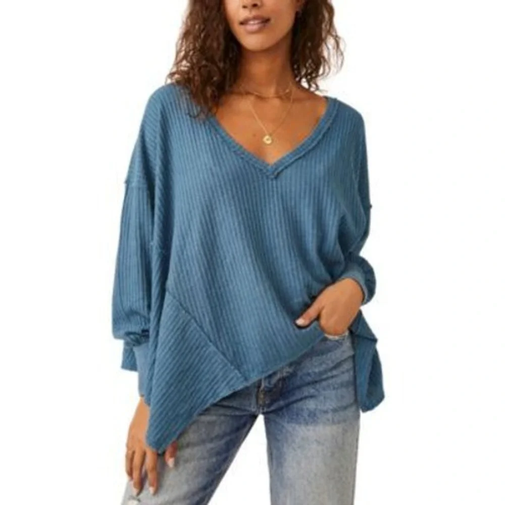 Free People We The Free Coraline Indigo Wash Blue Waffle Weave V-Neck Top XS
